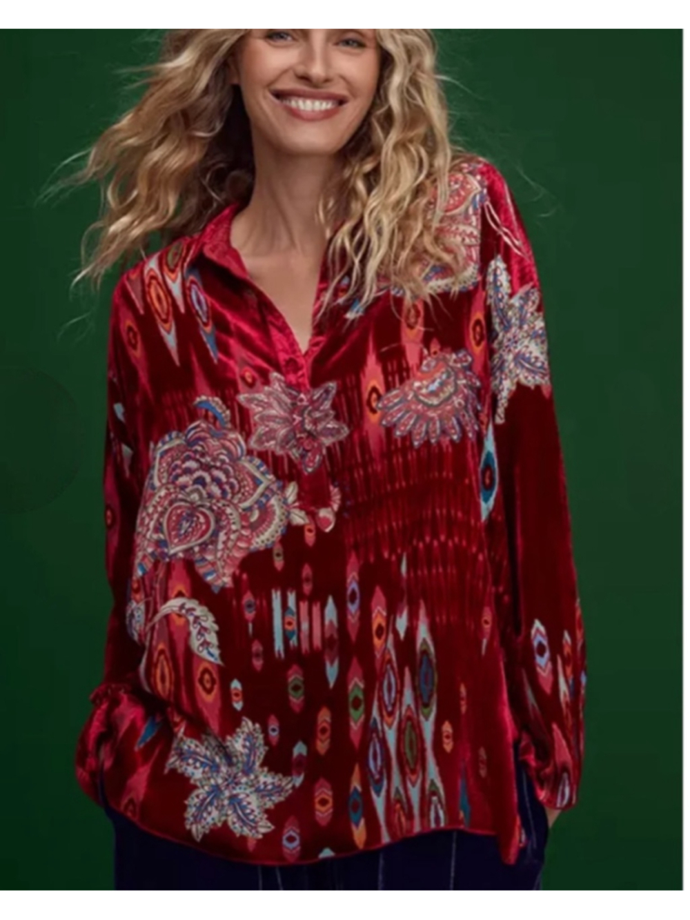 Johnny Was Feather Burnout Mara Blouse, S+ Silk Velvet Red Ikat Floral Boho Luxe